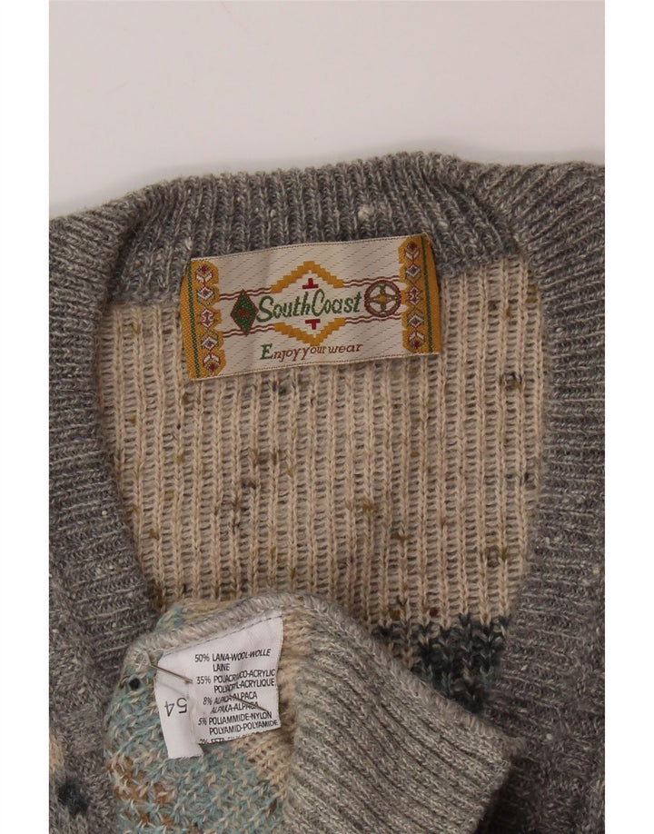 SOUTH COAST Pull col V pour homme IT 54 XL en laine Fair Isle gris