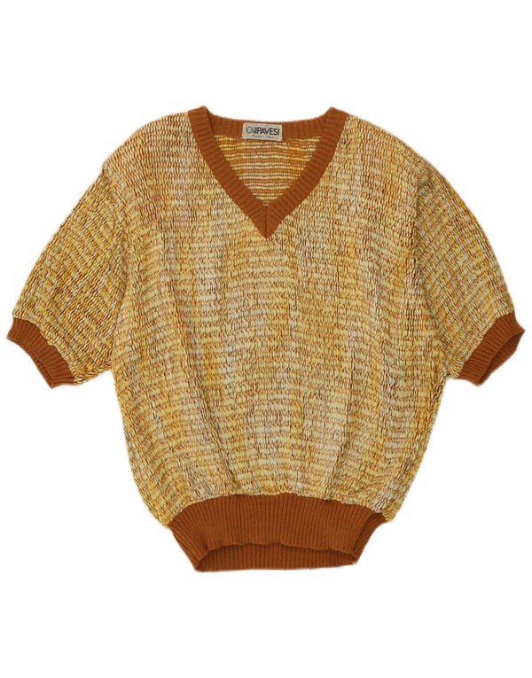 vintage Femme Manches Courtes Col V Pull Pull IT 44 Jaune Moyen