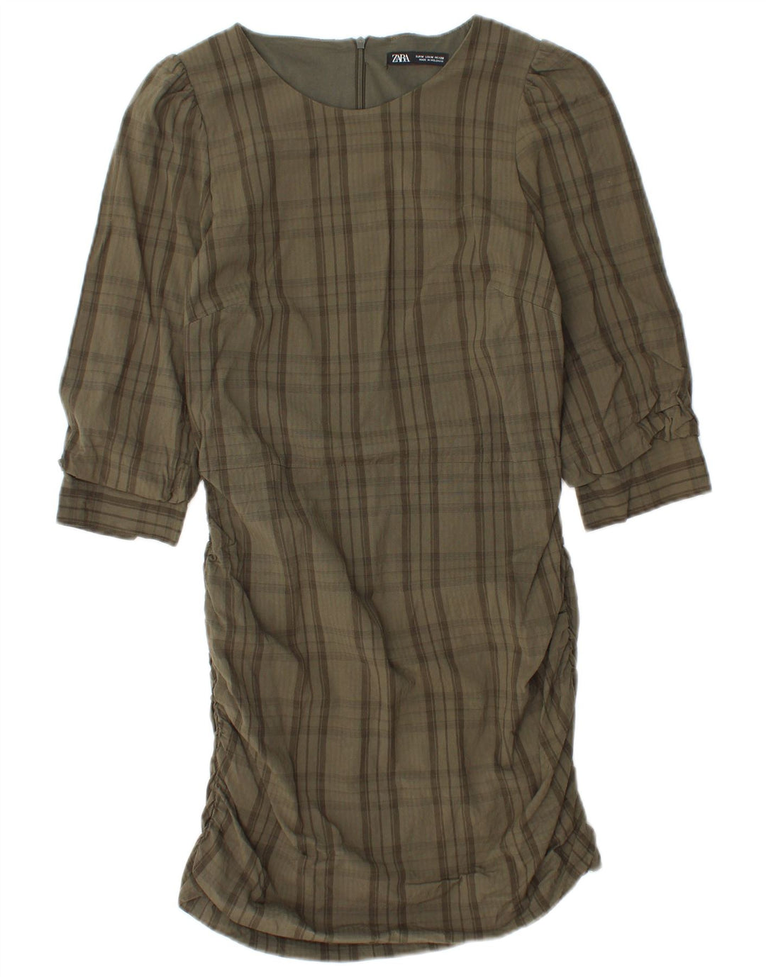 Zara Robe droite à manches 3/4 pour femme UK 12 Kaki moyen à carreaux en viscose