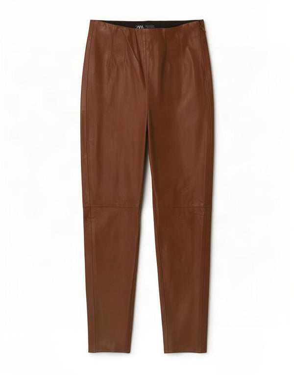 Zara Pantalon skinny en simili cuir pour femme Medium W28 L26 Marron Polyester