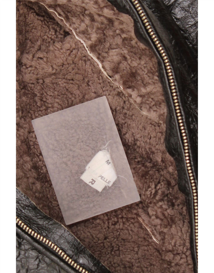 Veste Shearling Femme Vintage UK 14 Cuir Noir Moyen