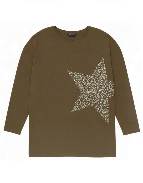 Marks & Spencer Womens Abstract Pattern Top Long Sleeve UK 14 Large Khaki