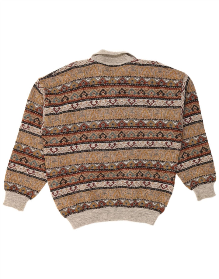 VINTAGE Pull col polo pour homme IT 52 Grand marron Fair Isle Acrylique
