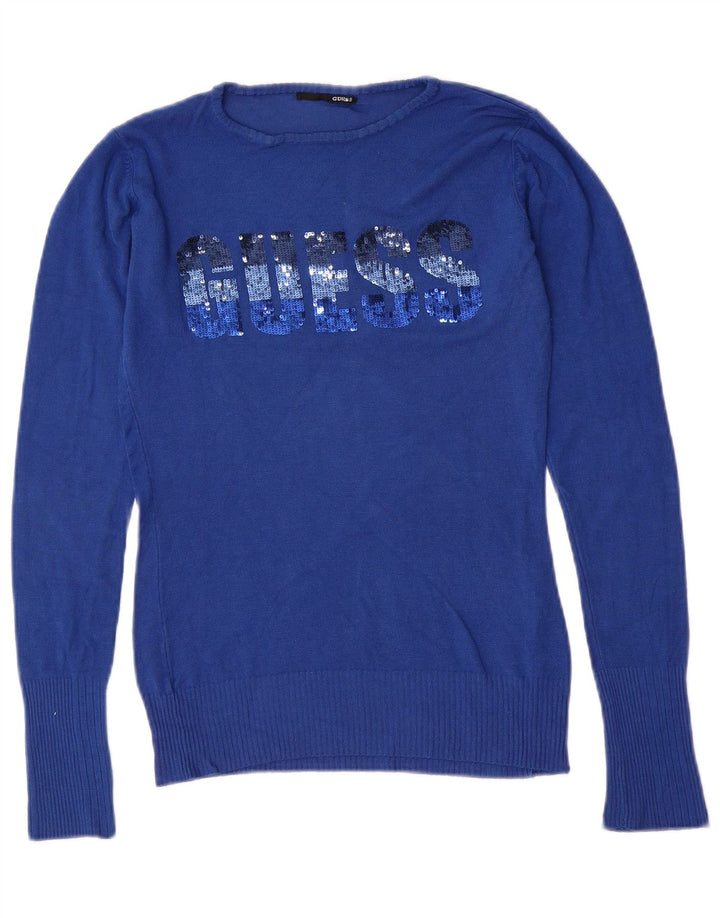 GUESS Pull graphique à col bateau pour femme UK 12 Bleu moyen Viscose