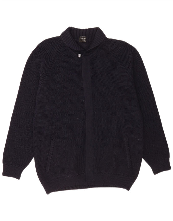 vintage Mens Cardigan Pull Moyen Marine Bleu Vierge Laine