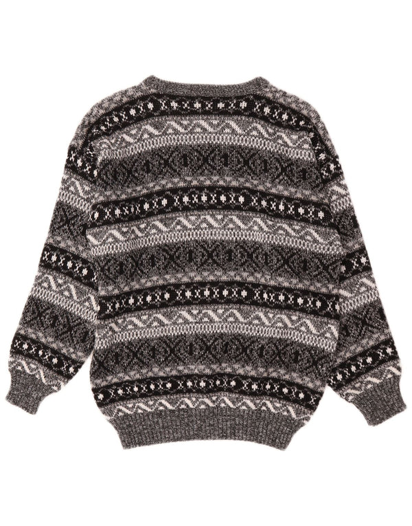vintage Womens Boat Neck Jumper Sweater UK 16 Grand Gris Fair Isle Acrylique