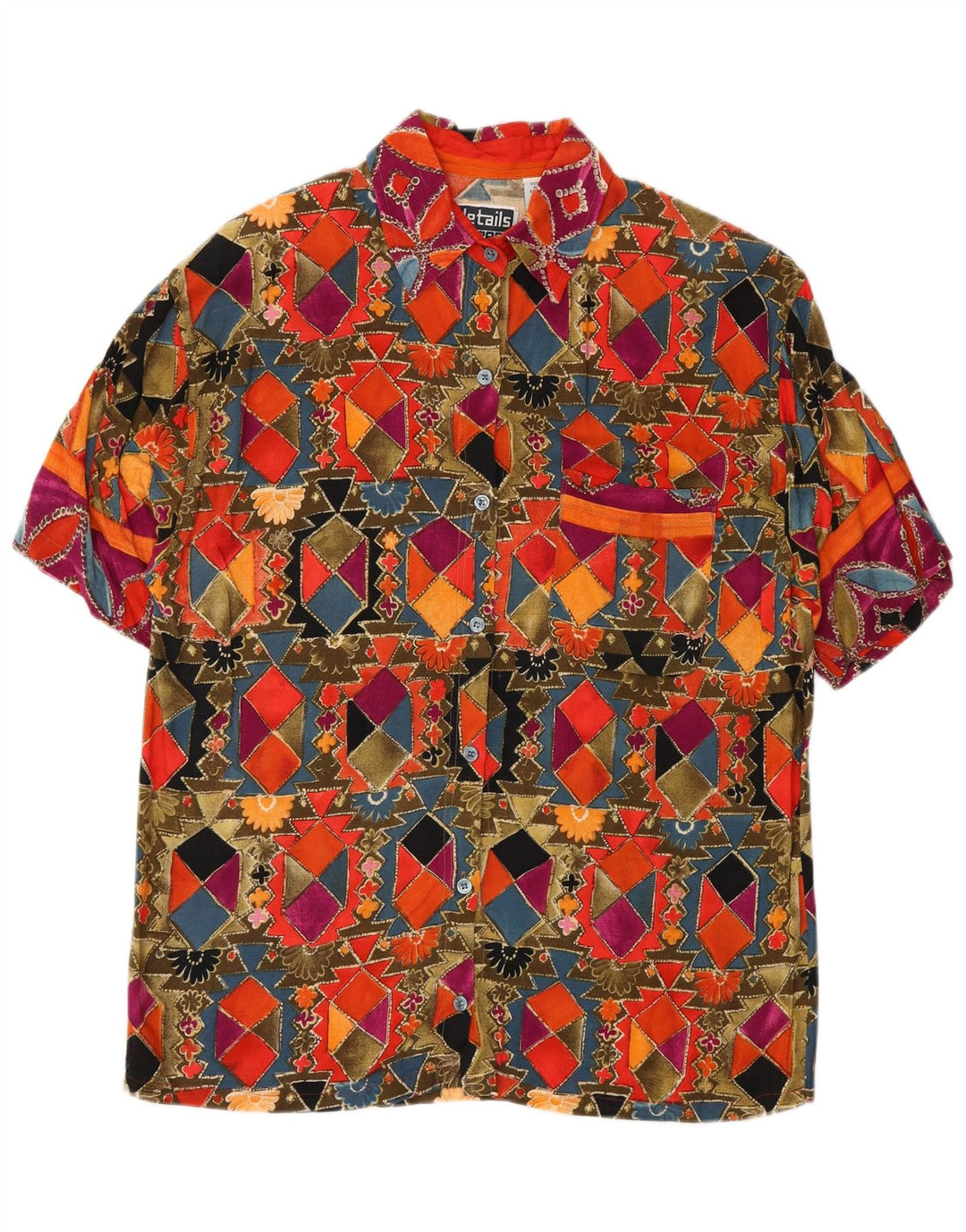 vintage Femme Chemise à manches courtes UK 14 Moyen Multicolore Géométrique