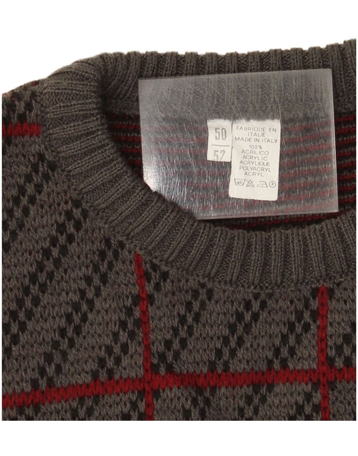 vintage Mens Crew Neck Jumper Sweater IT 50 Moyen Gris Plaid Acrylique