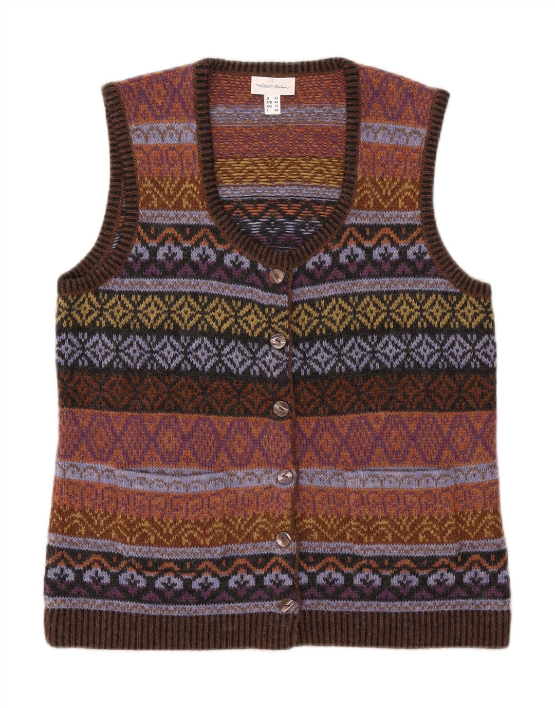 PETER HAHN Cardigan sans manches pour femme UK 16 Large Marron Fair Isle
