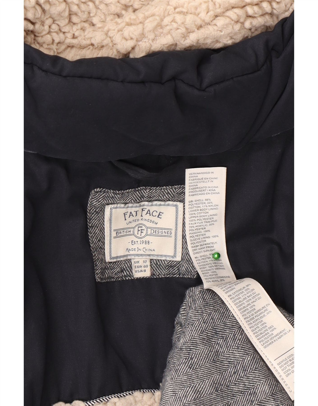 Fat Face Manteau rembourré Sherpa à capuche pour femme UK 12 Bleu marine moyen Polyester
