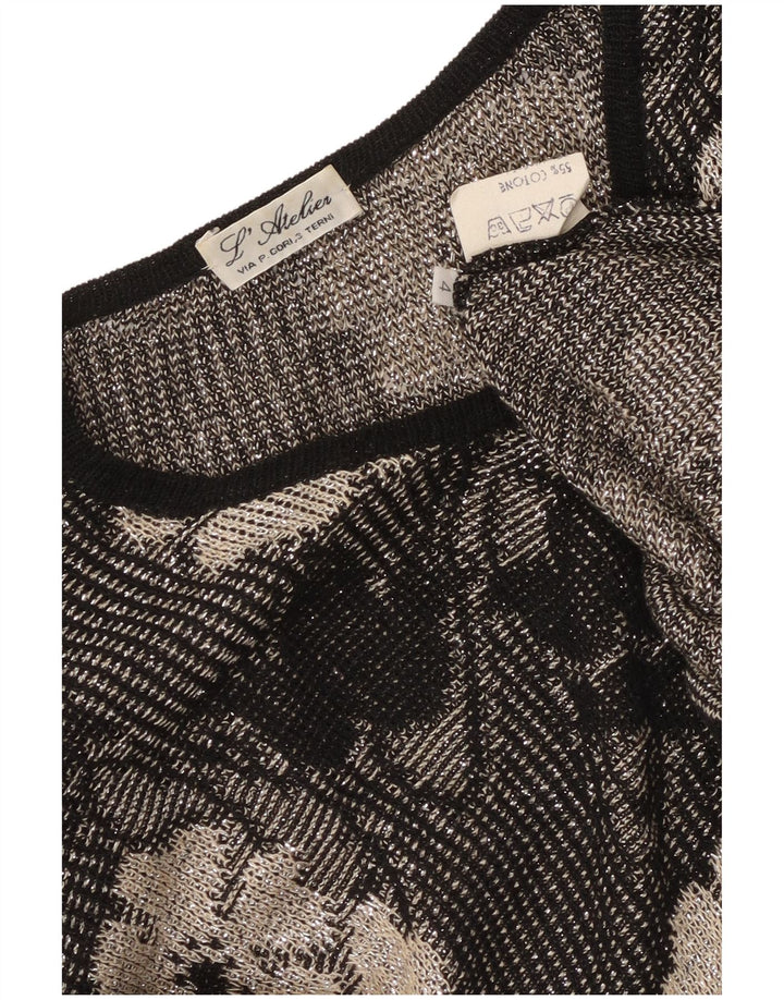 vintage Femmes Bouton Cou Jumper Pull UK 14 Moyen Noir Floral