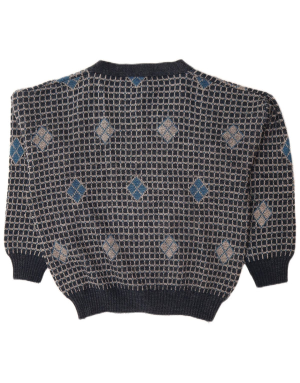 vintage Mens Loose Fit Cardigan Sweater IT 50 Moyen Bleu Marine Géométrique