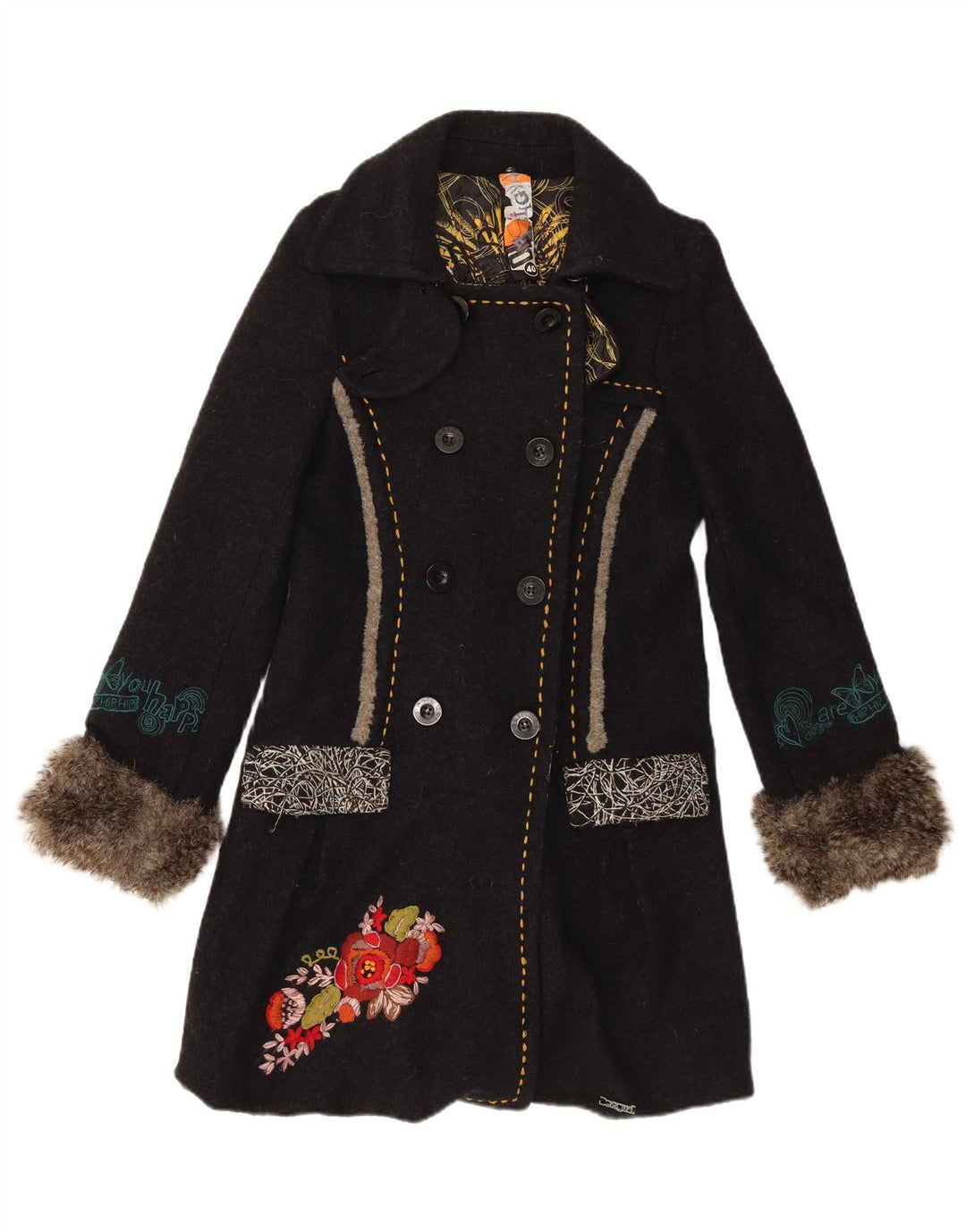 Desigual Femmes Graphique Double Boutonnage Manteau EU 40 Moyen Noir Floral