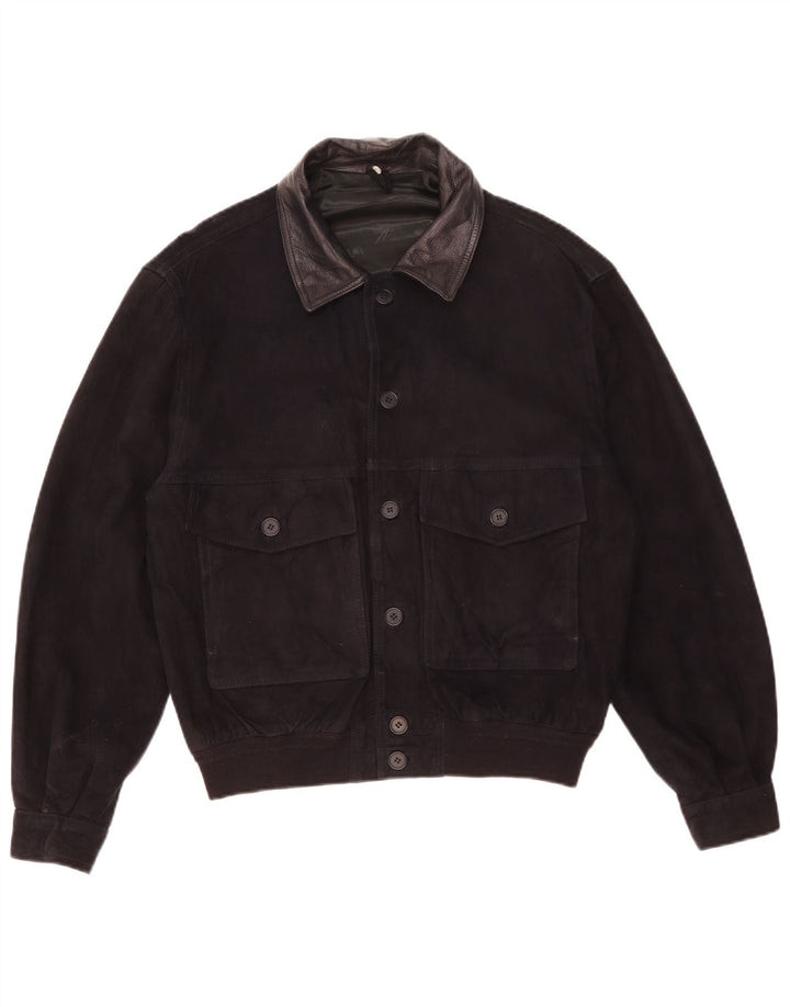vintage Mens Suede Bomber Jacket IT 52 XL Cuir Noir