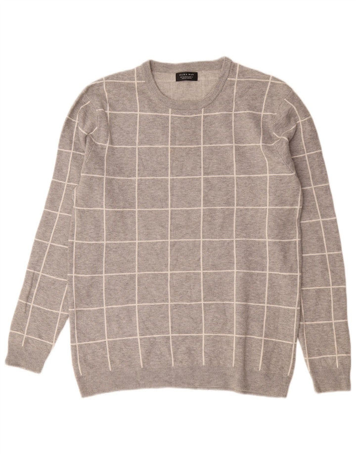 Zara Pull ras du cou pour homme XL en nylon à carreaux gris