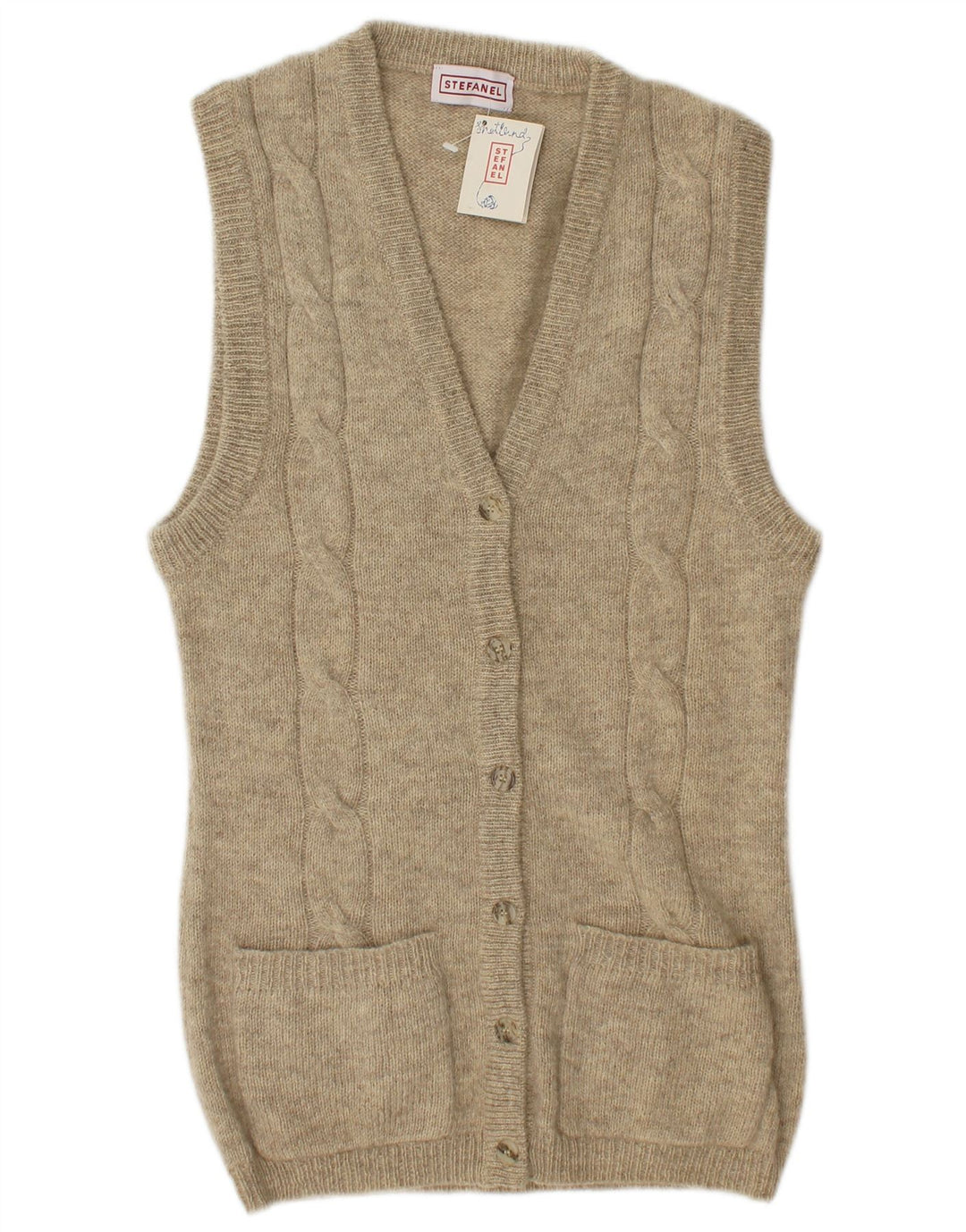 Stefanel Pull cardigan sans manches pour femme UK 14 Beige moyen