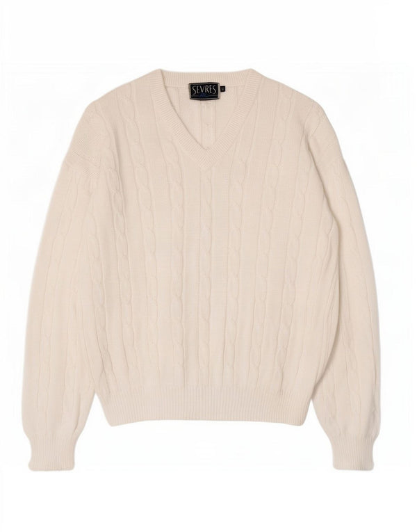 Sevres Mens V-Neck Jumper Sweater IT 50 Medium White Cotton