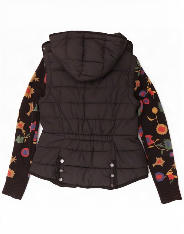 Desigual Veste matelassée à capuche pour femme EU 42 Large Noir Floral Coton