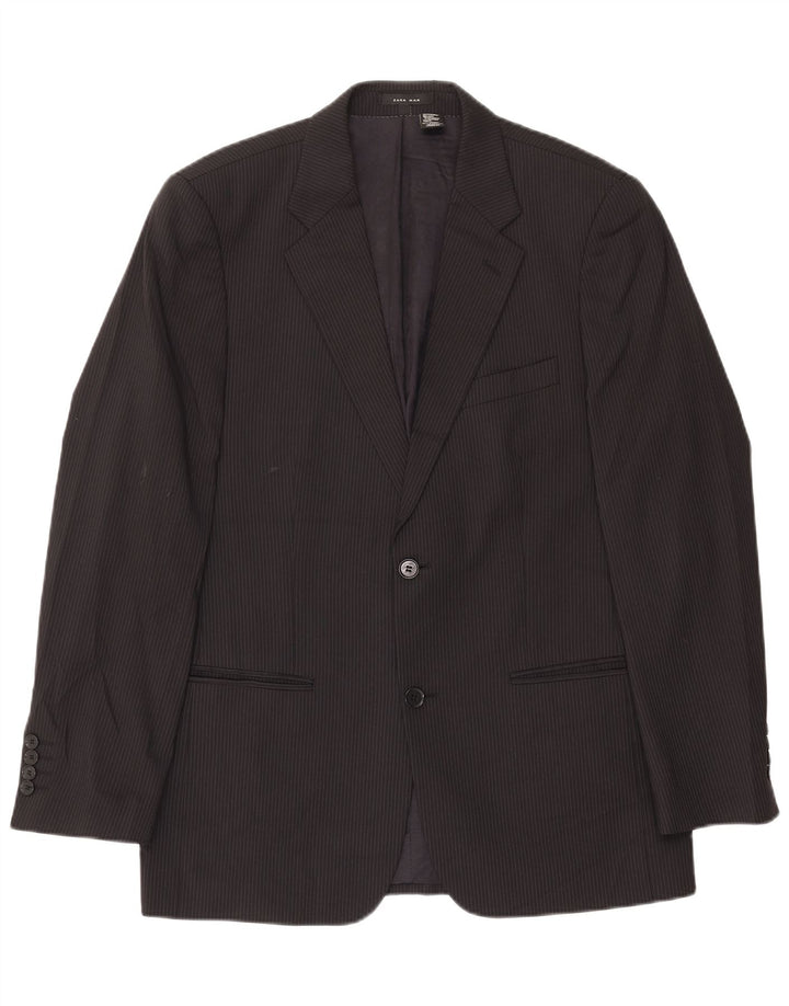 Zara Veste Blazer 2 Boutons Homme EU 50 Laine Rayée Noir Moyen