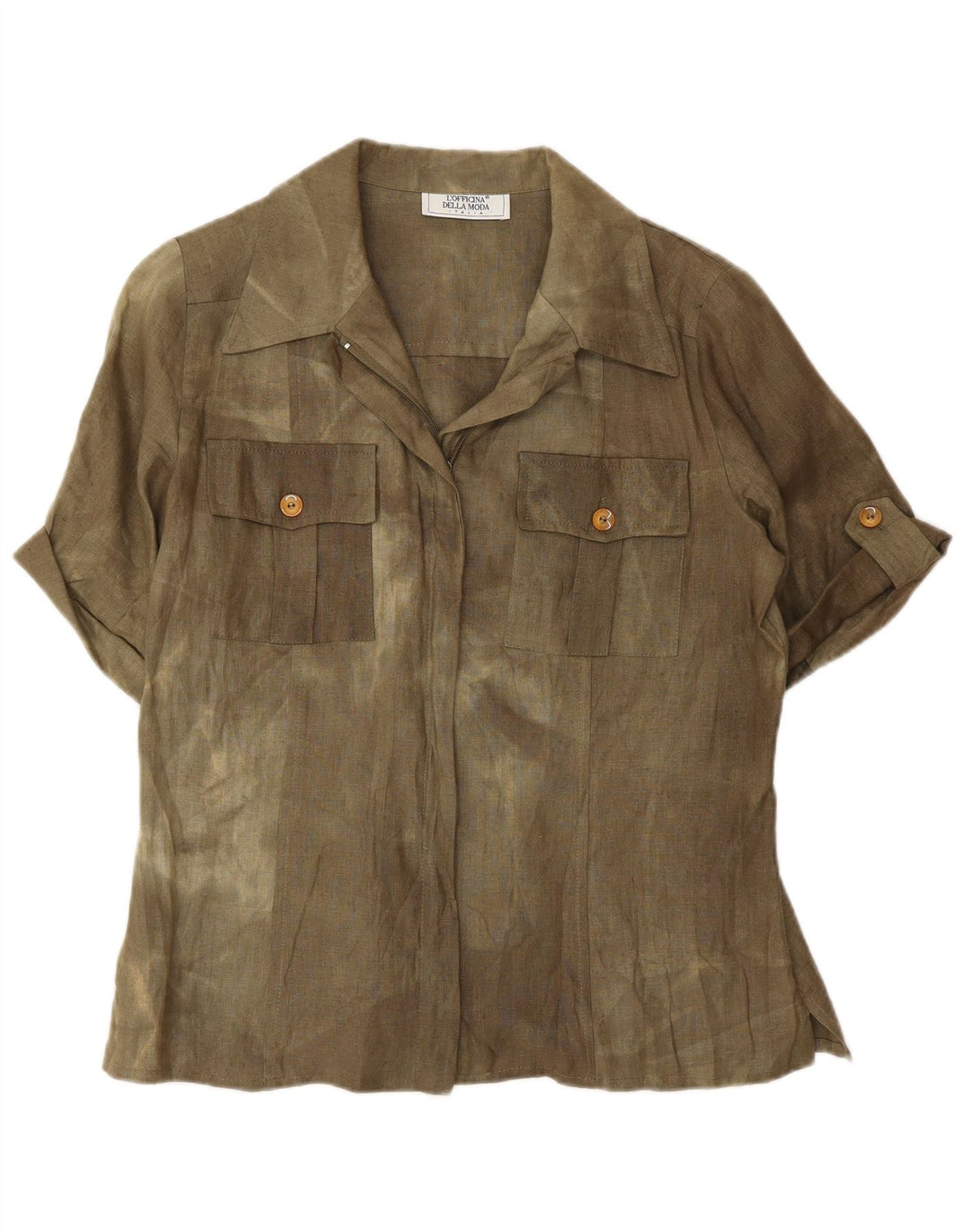 vintage Femme Chemise à manches courtes Blouse UK 12 Moyen Kaki Tie Dye Soie