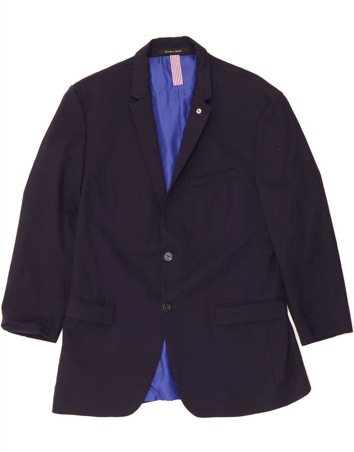 ZARA Mens 2 Button Blazer Jacket EU 54 XL Navy Blue Polyester Vintage Zara and Second-Hand Zara from Messina Hembry 