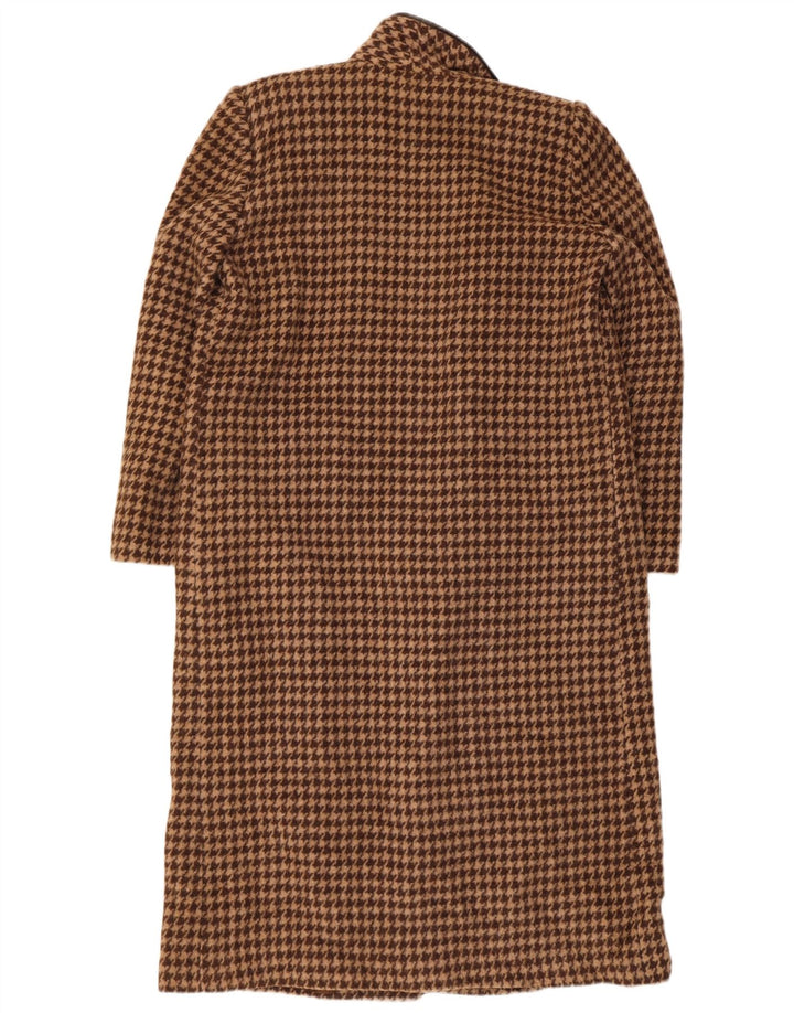 vintage Womens Open Overcoat UK 12 Pied-de-poule brun moyen
