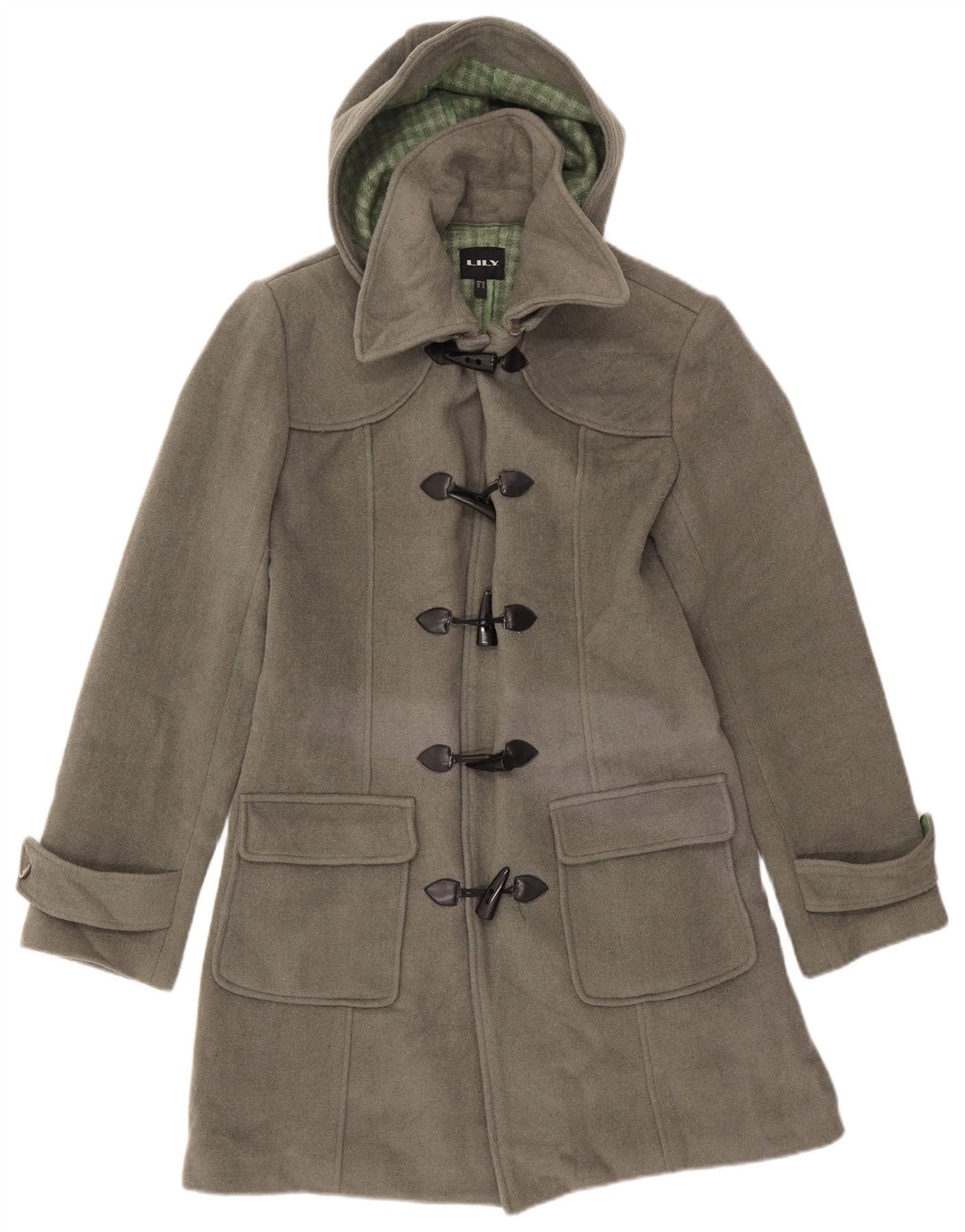 VINTAGE Femme Duffle Coat à capuche UK 16 Grande laine grise