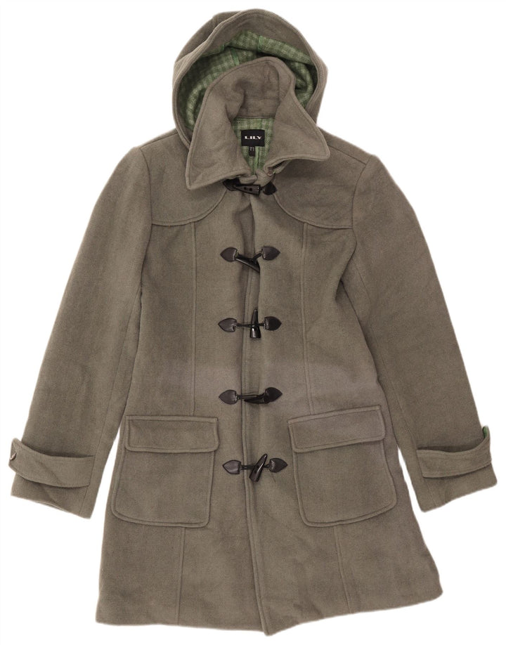 VINTAGE Femme Duffle Coat à capuche UK 16 Grande laine grise