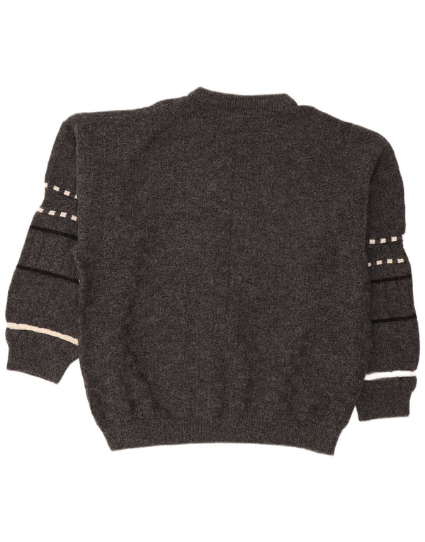 vintage Mens Crew Neck Jumper Pull 2XL Gris Rayé Laine