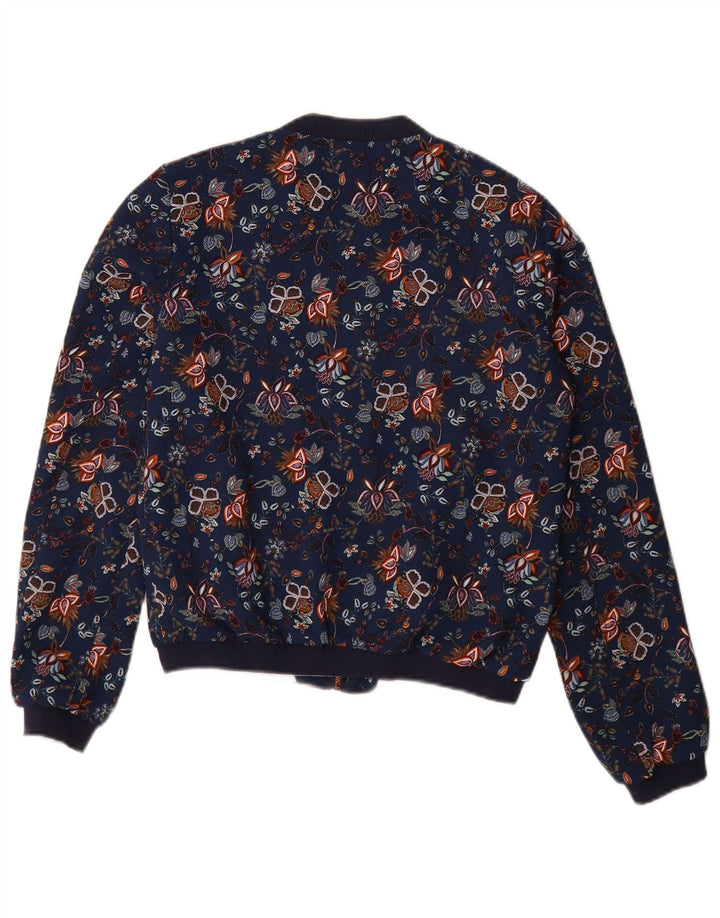 Zara Womens Trafaluc Bomber Jacket UK 10 Petit Bleu Marine Floral Polyester