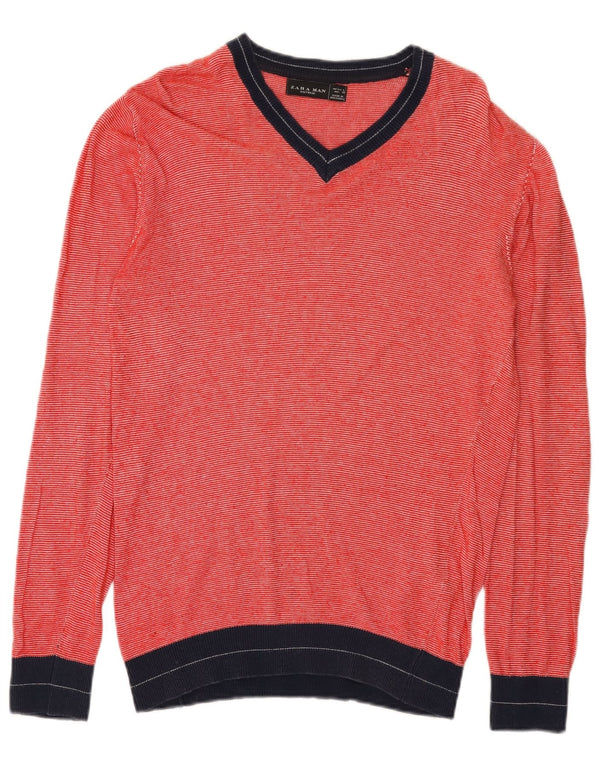 Zara Pull col V pour homme en viscose color block Rouge Large