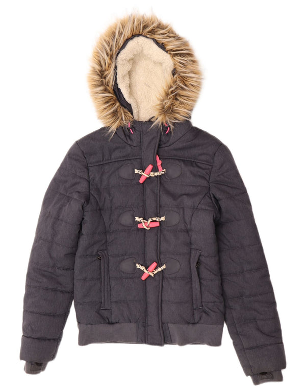 Superdry Veste Bomber À Capuche Rembourrée Pour Femme UK 8 Petit Gris Polyester