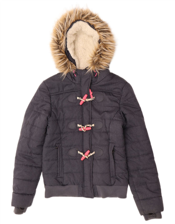 Superdry Veste Bomber À Capuche Rembourrée Pour Femme UK 8 Petit Gris Polyester