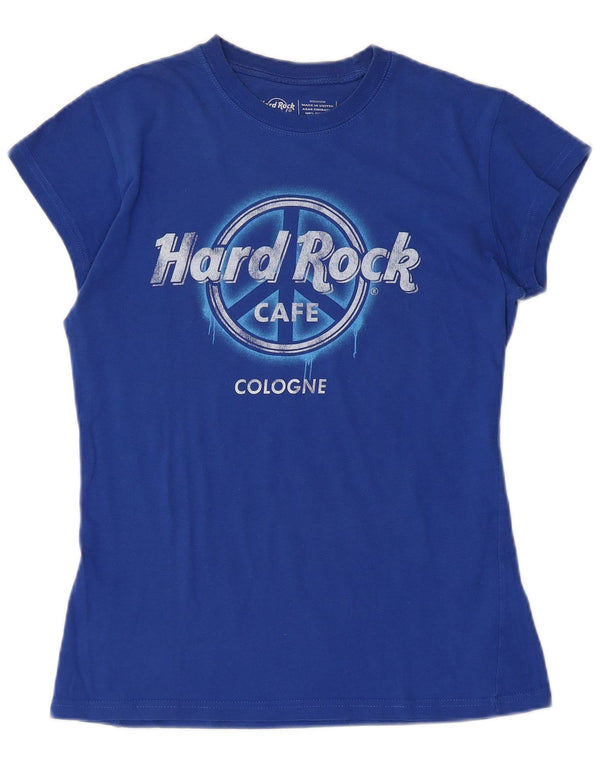 Hard Rock Cafe Womens Cologne Graphic T-Shirt Top UK 12 Medium Blue Cotton