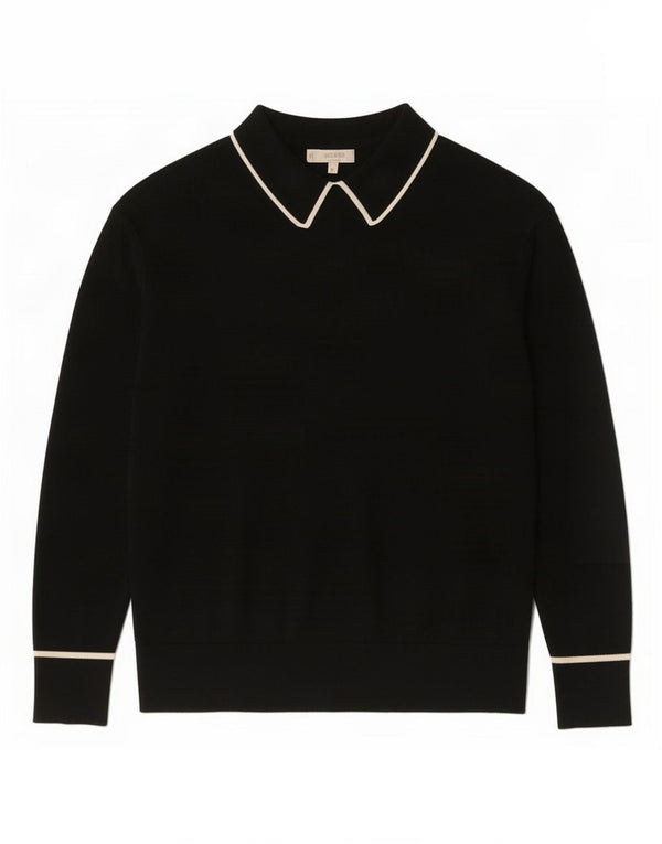 Hobbs Pull à col polo pour femme UK 14 Laine mérinos noire moyenne