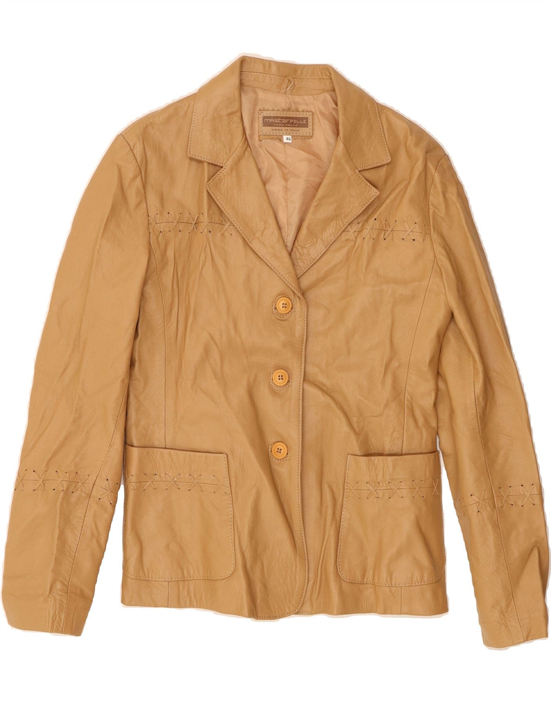 MASTERPELLE Womens 3 Button Blazer Jacket IT 46 Large Beige Leather Vintage Masterpelle and Second-Hand Masterpelle from Messina Hembry 