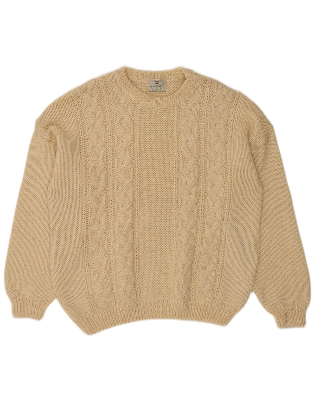 vintage Mens Crew Neck Jumper Pull Laine Beige Moyen