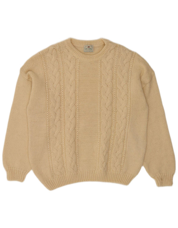 vintage Mens Crew Neck Jumper Pull Laine Beige Moyen