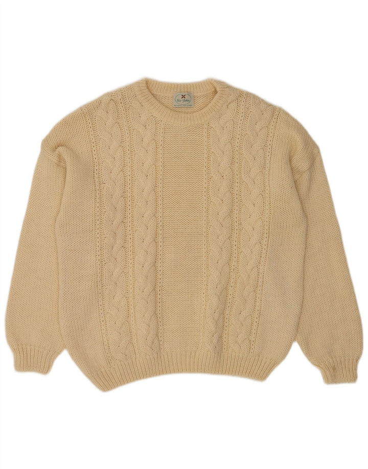 vintage Mens Crew Neck Jumper Pull Laine Beige Moyen