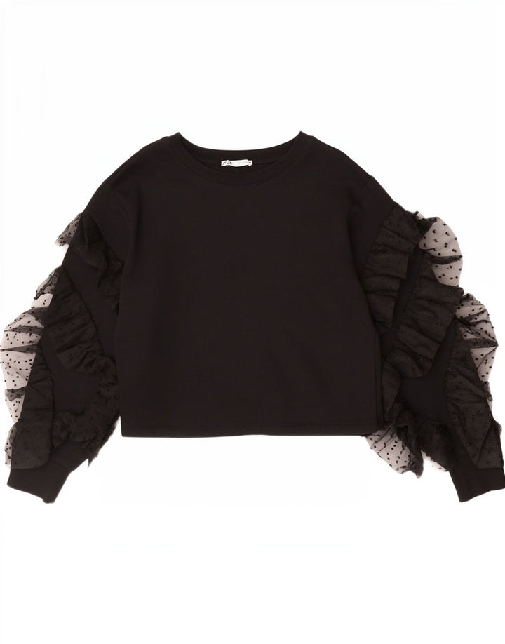 Zara Womens Crop Top Manches Longues UK 10 Petit Coton Noir