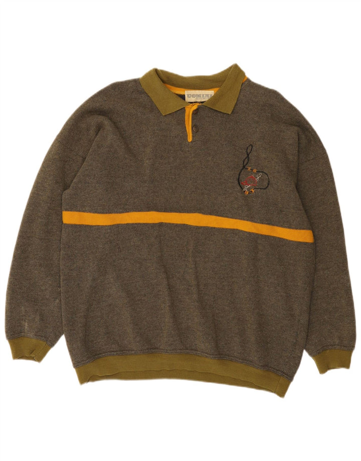 vintage Mens Polo Neck Jumper Pull Grande Laine Rayée Kaki