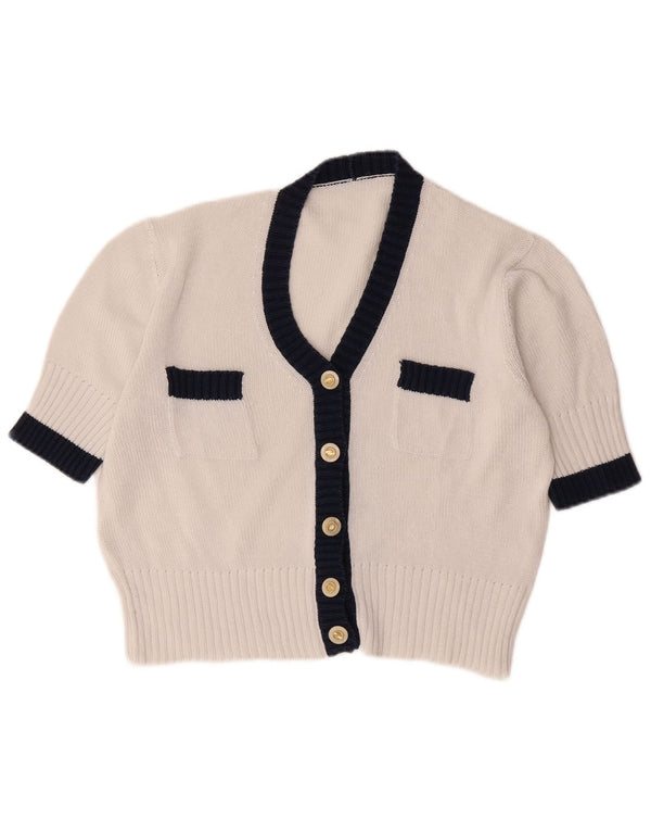 vintage Femme Manches Courtes Cardigan Pull UK 12 Medium White Colourblock