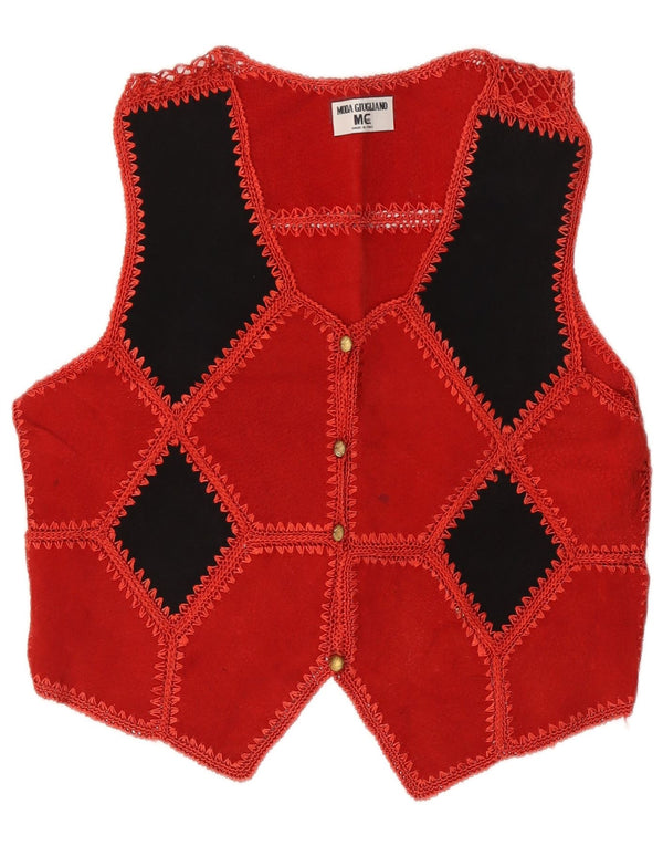 vintage Womens Crop Suede Gilet UK 14 Moyen Rouge Géométrique