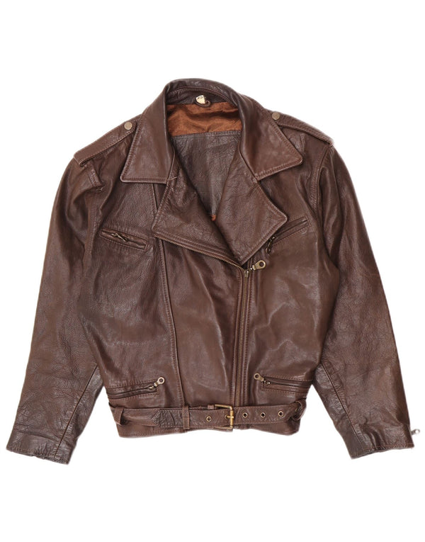 vintage Femme Veste de motard en cuir surdimensionné UK 6 XS Cuir Marron