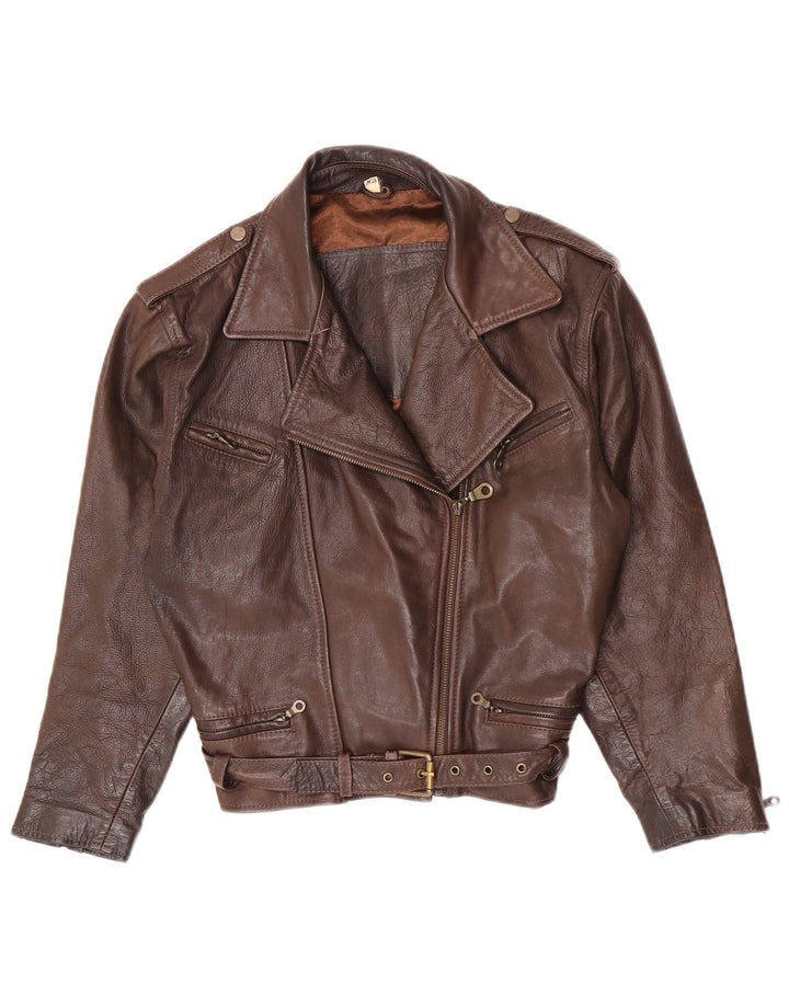 vintage Femme Veste de motard en cuir surdimensionné UK 6 XS Cuir Marron