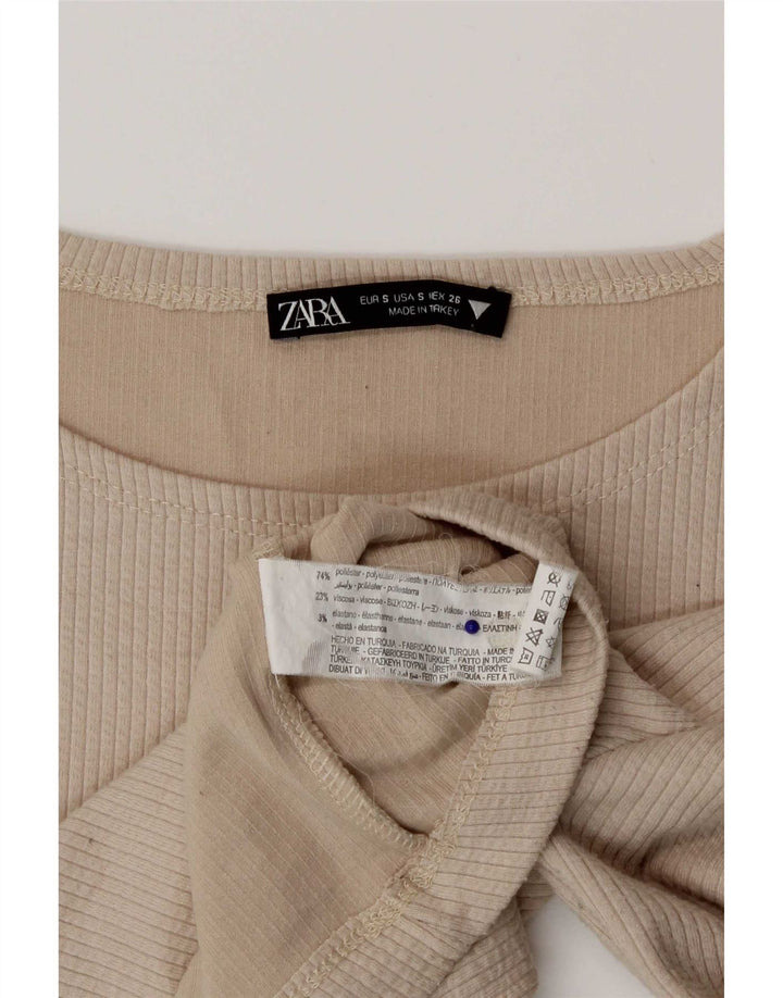 Zara Femme Crop Top Manches Longues UK 8 Petit Beige Polyester