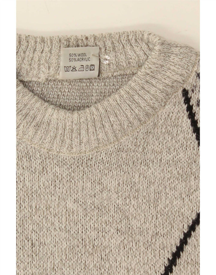 vintage Mens Crew Neck Jumper Pull Grande laine géométrique grise