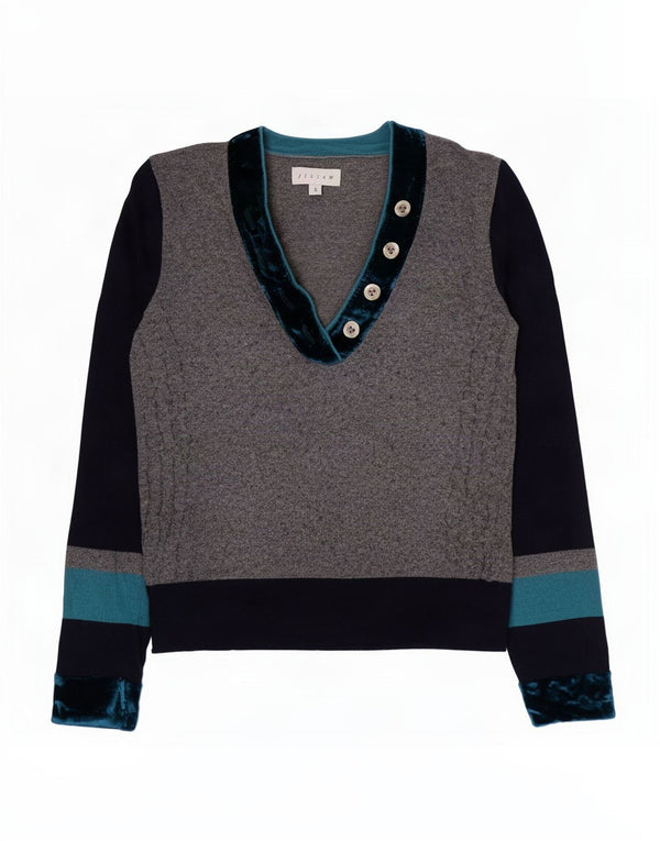 Jigsaw Pull à col en V pour femme UK 10 Petit Gris Colorblock Coton