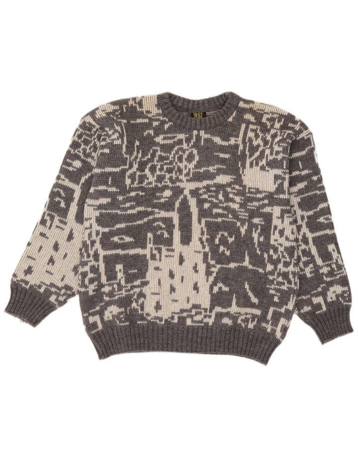 vintage Mens Abstract Pattern Crew Neck Jumper Pull Petit Gris