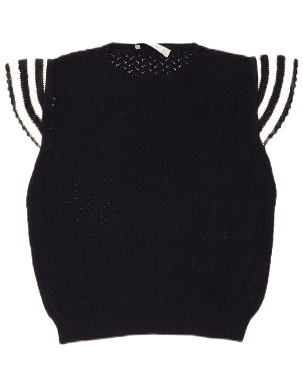 Zara Womens Crop Knit Blouse Top UK 12 Moyen Bleu Marine Rayé Coton